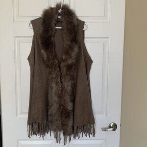 ORIGAMI Faux Fur Trimmed Brown Cardigan Vest - New Without Tags - S/M